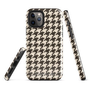 A Timeless Houndstooth for iPhone with a dual-camera system is encased in an impact-resistant polycarbonate, houndstooth-patterned case. The black and beige design features the brand name "Statement Cases" printed at the bottom, ensuring both style and dual-layer protection for your device.