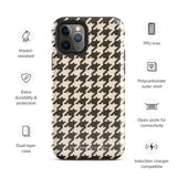 A Timeless Houndstooth for iPhone with a dual-camera system is encased in an impact-resistant polycarbonate, houndstooth-patterned case. The black and beige design features the brand name "Statement Cases" printed at the bottom, ensuring both style and dual-layer protection for your device.