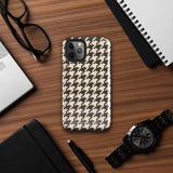 A Timeless Houndstooth for iPhone with a dual-camera system is encased in an impact-resistant polycarbonate, houndstooth-patterned case. The black and beige design features the brand name "Statement Cases" printed at the bottom, ensuring both style and dual-layer protection for your device.