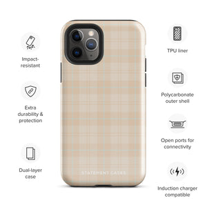 A smartphone with a plaid design case is displayed. The durable phone case features a beige and light brown checked pattern. The phone's camera lenses are visible at the top left corner. With dual-layer protection, the bottom of the impact-resistant polycarbonate Sophisticated Plaid for iPhone case reads "Statement Cases" in white.