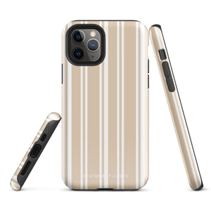 A beige and white striped, impact-resistant phone case for a smartphone. The Estate Stripe for iPhone features vertical stripes and dual-layer protection, designed to fit a phone with multiple camera lenses. The brand name "Statement Cases" is subtly printed at the bottom.