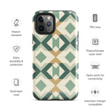 A Smartphone with a durable Old World Mosaic for iPhone case by Statement Cases showcasing a geometric pattern in shades of green, beige, and white. The symmetrical, angular designs create an almost star-like appearance. The impact-resistant polycarbonate construction ensures protection while the camera lenses remain visible at the top left corner.