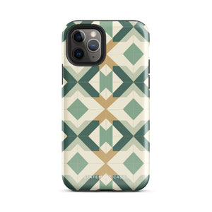 A Smartphone with a durable Old World Mosaic for iPhone case by Statement Cases showcasing a geometric pattern in shades of green, beige, and white. The symmetrical, angular designs create an almost star-like appearance. The impact-resistant polycarbonate construction ensures protection while the camera lenses remain visible at the top left corner.