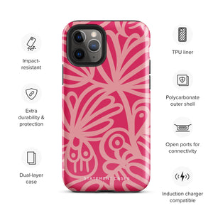 Introducing the Zafiro Rosa for iPhone by Statement Cases: a smartphone case featuring abstract floral and leaf patterns in various shades of pink. This dual-layer protection case combines an impact-resistant polycarbonate exterior with a TPU inner liner to ensure durability. The design showcases the brand name "Statement Cases" at the bottom, with precise cutouts revealing the phone’s camera lenses at the top left corner.