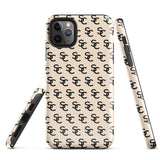 A beige protective iPhone case with an interlocking black "SC" pattern displayed across its back. Custom-tailored for the iPhone 15 Pro Max, the Heritage Monogram for iPhone by Statement Cases features cutouts for the camera lenses and buttons. The design is sleek and minimalistic.