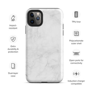 A protective iPhone case with a white marble-patterned design featuring three camera lenses and a flash. The marble pattern on this Marble Dreams for iPhone 15 Pro Max case is subtle, with light gray veining. The brand "Statement Cases" is subtly engraved at the bottom of the case.