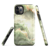 A Sleek Sage for iPhone with a marble-patterned case in shades of green, white, and gold. The protective case is branded with "Statement Cases" written at the bottom. Compatible with the iPhone 15 Pro Max, the phone's camera lens is prominent in the upper left corner.