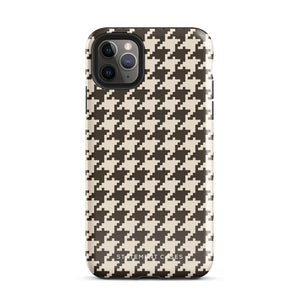 A Timeless Houndstooth for iPhone with a dual-camera system is encased in an impact-resistant polycarbonate, houndstooth-patterned case. The black and beige design features the brand name "Statement Cases" printed at the bottom, ensuring both style and dual-layer protection for your device.