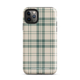 A smartphone with a beige and green plaid-patterned, impact-resistant polycarbonate case is shown. The phone’s rear camera lenses are prominently visible at the top left. The durable phone case features the words “Statement Cases” printed in small text at the bottom center. This is the Elegant Plaid for iPhone.