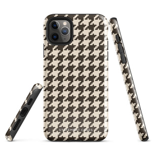 A Timeless Houndstooth for iPhone with a dual-camera system is encased in an impact-resistant polycarbonate, houndstooth-patterned case. The black and beige design features the brand name "Statement Cases" printed at the bottom, ensuring both style and dual-layer protection for your device.