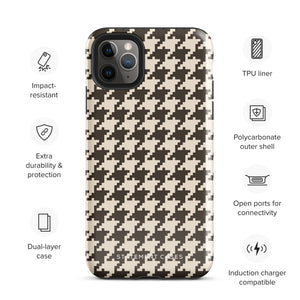 A Timeless Houndstooth for iPhone with a dual-camera system is encased in an impact-resistant polycarbonate, houndstooth-patterned case. The black and beige design features the brand name "Statement Cases" printed at the bottom, ensuring both style and dual-layer protection for your device.