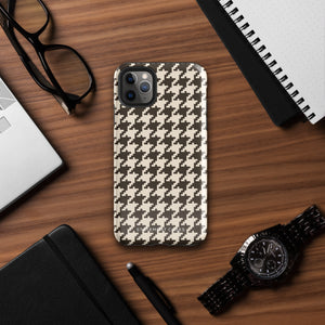 A Timeless Houndstooth for iPhone with a dual-camera system is encased in an impact-resistant polycarbonate, houndstooth-patterned case. The black and beige design features the brand name "Statement Cases" printed at the bottom, ensuring both style and dual-layer protection for your device.