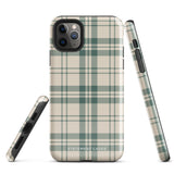 A smartphone with a beige and green plaid-patterned, impact-resistant polycarbonate case is shown. The phone’s rear camera lenses are prominently visible at the top left. The durable phone case features the words “Statement Cases” printed in small text at the bottom center. This is the Elegant Plaid for iPhone.