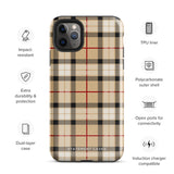 A Neutral Heritage Tartan for iPhone by Statement Cases with a plaid-patterned, impact-resistant polycarbonate case featuring beige, black, white, and red stripes. The durable phone case has the text "STATEMENT CASES" written at the bottom. The phone boasts a triple camera setup with an additional sensor and flash.