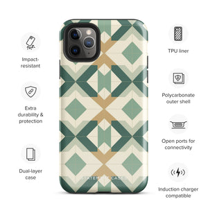A Smartphone with a durable Old World Mosaic for iPhone case by Statement Cases showcasing a geometric pattern in shades of green, beige, and white. The symmetrical, angular designs create an almost star-like appearance. The impact-resistant polycarbonate construction ensures protection while the camera lenses remain visible at the top left corner.