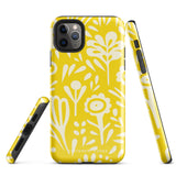 The Sol Dorado for iPhone by Statement Cases is a smartphone with a yellow case featuring a white, abstract floral and plant pattern. The camera lenses are prominent in the top left corner of the device. With dual-layer protection and impact-resistant TPU lining, "Statement Cases" is printed at the bottom of the case.