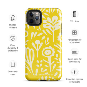 The Sol Dorado for iPhone by Statement Cases is a smartphone with a yellow case featuring a white, abstract floral and plant pattern. The camera lenses are prominent in the top left corner of the device. With dual-layer protection and impact-resistant TPU lining, "Statement Cases" is printed at the bottom of the case.