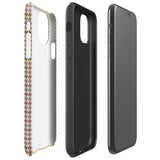 A smartphone with a brown and beige houndstooth-patterned case is shown from the back. The impact-resistant, dual-layered Classic Houndstooth for iPhone by Statement Cases protects the phone's body and leaves openings for the camera lenses and flash. The hues give the case a stylish and sophisticated appearance.