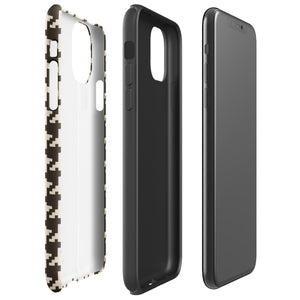 A Timeless Houndstooth for iPhone with a dual-camera system is encased in an impact-resistant polycarbonate, houndstooth-patterned case. The black and beige design features the brand name "Statement Cases" printed at the bottom, ensuring both style and dual-layer protection for your device.