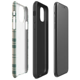 A smartphone with a beige and green plaid-patterned, impact-resistant polycarbonate case is shown. The phone’s rear camera lenses are prominently visible at the top left. The durable phone case features the words “Statement Cases” printed in small text at the bottom center. This is the Elegant Plaid for iPhone.