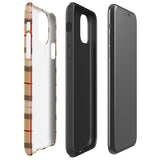 A Neutral Heritage Tartan for iPhone by Statement Cases with a plaid-patterned, impact-resistant polycarbonate case featuring beige, black, white, and red stripes. The durable phone case has the text "STATEMENT CASES" written at the bottom. The phone boasts a triple camera setup with an additional sensor and flash.