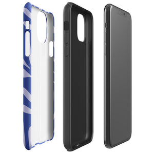 An iPhone encased in the "Mariposa Azul" by Statement Cases, featuring a blue design with an abstract white leaf pattern. The case combines curved and pointed shapes and provides dual-layer protection with TPU lining and impact-resistant polycarbonate. Camera lenses and other top elements remain unobstructed, and "Statement Cases" is inscribed at the bottom.