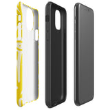 The Sol Dorado for iPhone by Statement Cases is a smartphone with a yellow case featuring a white, abstract floral and plant pattern. The camera lenses are prominent in the top left corner of the device. With dual-layer protection and impact-resistant TPU lining, "Statement Cases" is printed at the bottom of the case.