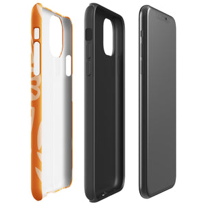 A Savannah Ardiente for iPhone from Statement Cases, featuring a dual-layered phone case in orange with a floral pattern showcasing cream-colored flowers, leaves, and geometric shapes. This impact-resistant polycarbonate case displays "STATEMENT CASES" at the bottom and reveals the camera lenses at the top left corner.