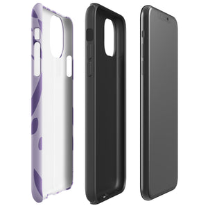 The Luna Morada for iPhone by Statement Cases is a durable phone case with a purple protective exterior featuring abstract dark purple and lavender patterns. The design includes geometric shapes and curves, giving it a modern artistic look. Made from impact-resistant polycarbonate, the lower part of the case prominently displays "STATEMENT CASES.