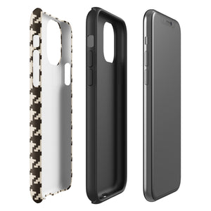 A Timeless Houndstooth for iPhone with a dual-camera system is encased in an impact-resistant polycarbonate, houndstooth-patterned case. The black and beige design features the brand name "Statement Cases" printed at the bottom, ensuring both style and dual-layer protection for your device.