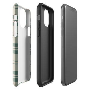 A smartphone with a beige and green plaid-patterned, impact-resistant polycarbonate case is shown. The phone’s rear camera lenses are prominently visible at the top left. The durable phone case features the words “Statement Cases” printed in small text at the bottom center. This is the Elegant Plaid for iPhone.