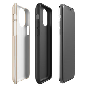 A beige and white striped, impact-resistant phone case for a smartphone. The Estate Stripe for iPhone features vertical stripes and dual-layer protection, designed to fit a phone with multiple camera lenses. The brand name "Statement Cases" is subtly printed at the bottom.