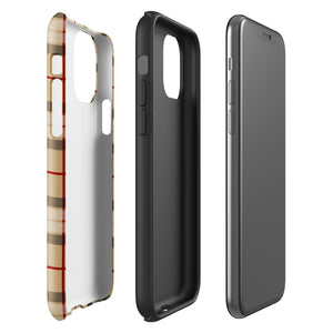 A Neutral Heritage Tartan for iPhone by Statement Cases with a plaid-patterned, impact-resistant polycarbonate case featuring beige, black, white, and red stripes. The durable phone case has the text "STATEMENT CASES" written at the bottom. The phone boasts a triple camera setup with an additional sensor and flash.