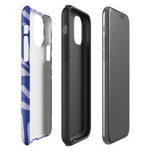 An iPhone encased in the "Mariposa Azul" by Statement Cases, featuring a blue design with an abstract white leaf pattern. The case combines curved and pointed shapes and provides dual-layer protection with TPU lining and impact-resistant polycarbonate. Camera lenses and other top elements remain unobstructed, and "Statement Cases" is inscribed at the bottom.