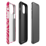 Introducing the Zafiro Rosa for iPhone by Statement Cases: a smartphone case featuring abstract floral and leaf patterns in various shades of pink. This dual-layer protection case combines an impact-resistant polycarbonate exterior with a TPU inner liner to ensure durability. The design showcases the brand name "Statement Cases" at the bottom, with precise cutouts revealing the phone’s camera lenses at the top left corner.