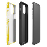 The Sol Dorado for iPhone by Statement Cases is a smartphone with a yellow case featuring a white, abstract floral and plant pattern. The camera lenses are prominent in the top left corner of the device. With dual-layer protection and impact-resistant TPU lining, "Statement Cases" is printed at the bottom of the case.