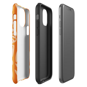 A Savannah Ardiente for iPhone from Statement Cases, featuring a dual-layered phone case in orange with a floral pattern showcasing cream-colored flowers, leaves, and geometric shapes. This impact-resistant polycarbonate case displays "STATEMENT CASES" at the bottom and reveals the camera lenses at the top left corner.