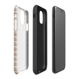 Three Au Naturale for iPhone cases by Statement Cases are shown side by side in this image. The first, featuring transparent impact-resistant polycarbonate with beige stripes, the second is a durable dual-layered case in solid black, and the third is solid dark gray with dual-layer protection. Each highlights different design styles and has cutouts for the camera and buttons.