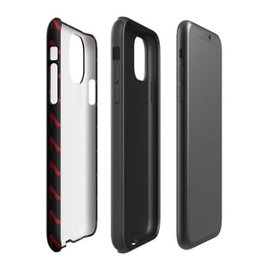 A protective iPhone case with a pattern of red high-heeled shoes is displayed. Designed to fit the iPhone 15 Pro Max, it features the product name "Saucy Stillettos for iPhone" and brand name "Statement Cases" printed in white letters at the bottom.