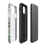 A smartphone with a beige and green plaid-patterned, impact-resistant polycarbonate case is shown. The phone’s rear camera lenses are prominently visible at the top left. The durable phone case features the words “Statement Cases” printed in small text at the bottom center. This is the Elegant Plaid for iPhone.