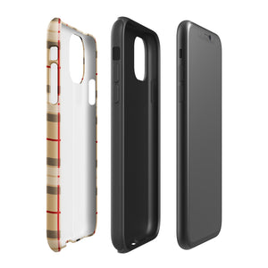 A Neutral Heritage Tartan for iPhone by Statement Cases with a plaid-patterned, impact-resistant polycarbonate case featuring beige, black, white, and red stripes. The durable phone case has the text "STATEMENT CASES" written at the bottom. The phone boasts a triple camera setup with an additional sensor and flash.