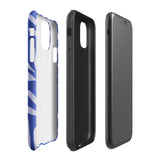 An iPhone encased in the "Mariposa Azul" by Statement Cases, featuring a blue design with an abstract white leaf pattern. The case combines curved and pointed shapes and provides dual-layer protection with TPU lining and impact-resistant polycarbonate. Camera lenses and other top elements remain unobstructed, and "Statement Cases" is inscribed at the bottom.