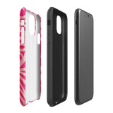 Introducing the Zafiro Rosa for iPhone by Statement Cases: a smartphone case featuring abstract floral and leaf patterns in various shades of pink. This dual-layer protection case combines an impact-resistant polycarbonate exterior with a TPU inner liner to ensure durability. The design showcases the brand name "Statement Cases" at the bottom, with precise cutouts revealing the phone’s camera lenses at the top left corner.