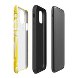 The Sol Dorado for iPhone by Statement Cases is a smartphone with a yellow case featuring a white, abstract floral and plant pattern. The camera lenses are prominent in the top left corner of the device. With dual-layer protection and impact-resistant TPU lining, "Statement Cases" is printed at the bottom of the case.