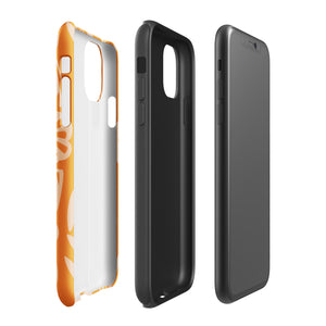 A Savannah Ardiente for iPhone from Statement Cases, featuring a dual-layered phone case in orange with a floral pattern showcasing cream-colored flowers, leaves, and geometric shapes. This impact-resistant polycarbonate case displays "STATEMENT CASES" at the bottom and reveals the camera lenses at the top left corner.