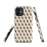 A beige protective iPhone case with an interlocking black "SC" pattern displayed across its back. Custom-tailored for the iPhone 15 Pro Max, the Heritage Monogram for iPhone by Statement Cases features cutouts for the camera lenses and buttons. The design is sleek and minimalistic.