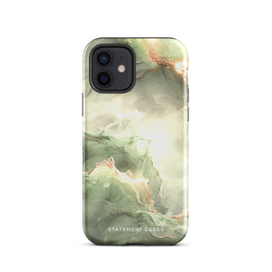 A Sleek Sage for iPhone with a marble-patterned case in shades of green, white, and gold. The protective case is branded with "Statement Cases" written at the bottom. Compatible with the iPhone 15 Pro Max, the phone's camera lens is prominent in the upper left corner.