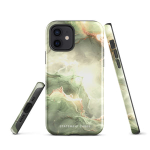 A Sleek Sage for iPhone with a marble-patterned case in shades of green, white, and gold. The protective case is branded with "Statement Cases" written at the bottom. Compatible with the iPhone 15 Pro Max, the phone's camera lens is prominent in the upper left corner.