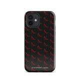 A protective iPhone case with a pattern of red high-heeled shoes is displayed. Designed to fit the iPhone 15 Pro Max, it features the product name "Saucy Stillettos for iPhone" and brand name "Statement Cases" printed in white letters at the bottom.