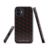 A protective iPhone case with a pattern of red high-heeled shoes is displayed. Designed to fit the iPhone 15 Pro Max, it features the product name "Saucy Stillettos for iPhone" and brand name "Statement Cases" printed in white letters at the bottom.